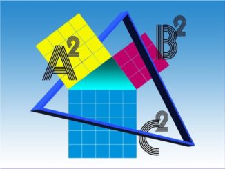 Na niebieskim tle trójkąt, kolorowekwadraty i wzory matematyczne.